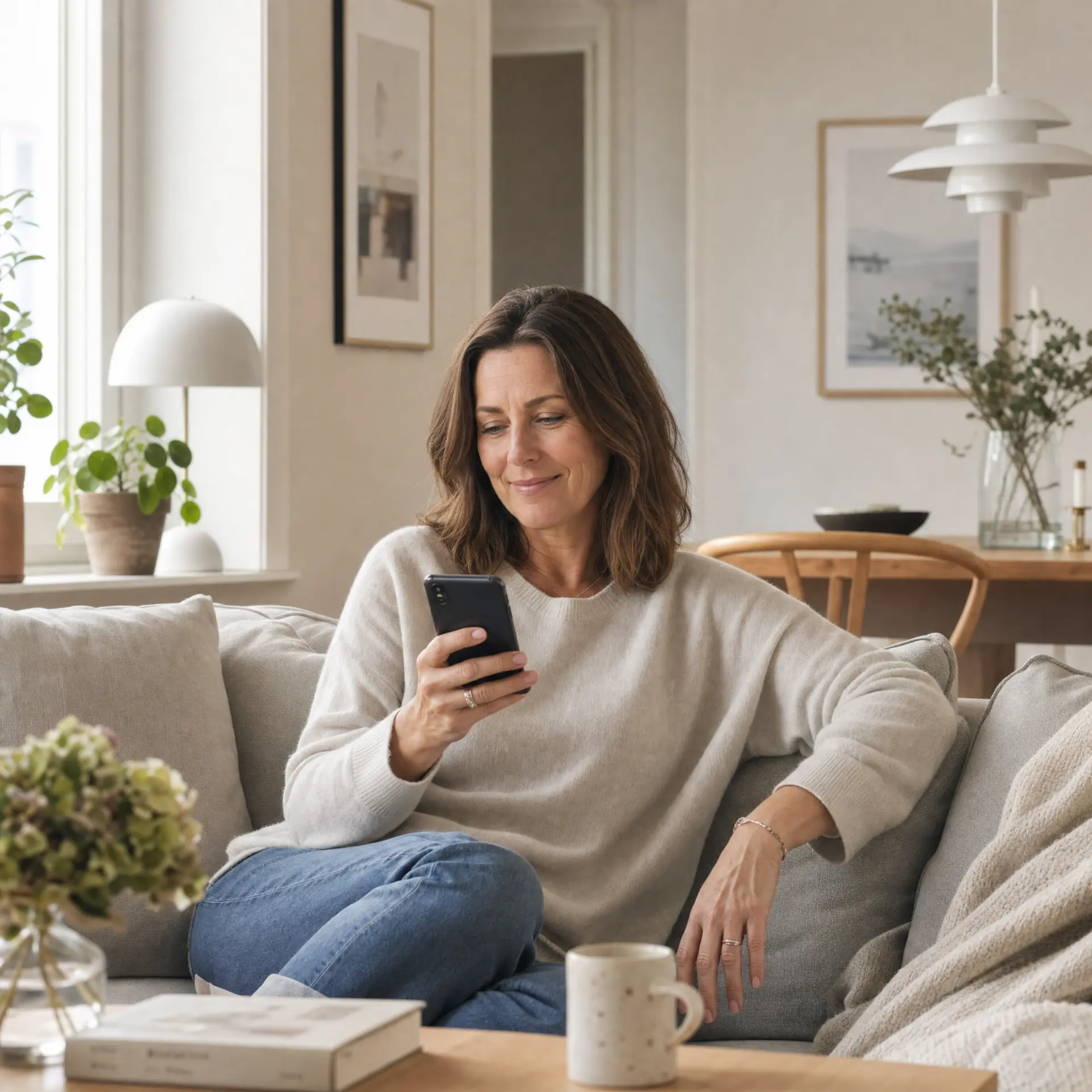 Kund signerar sitt avtal med BankID i mobilen hemma i soffan